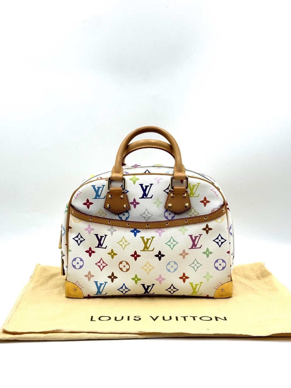 Louis Vuitton White Multicolor Monogram Satchel with Tan Leather Handles